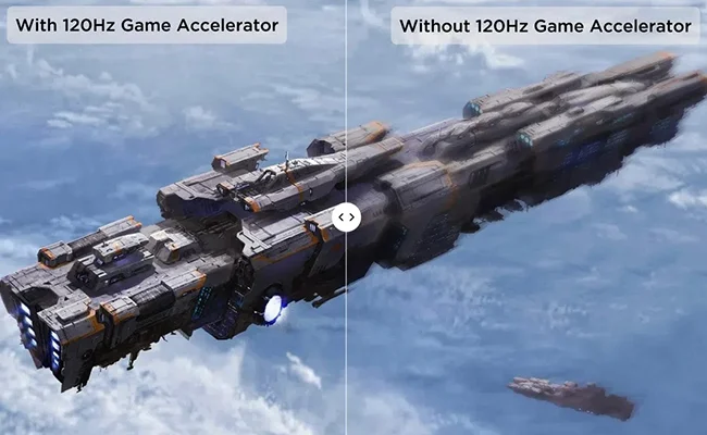 در این عکس تغییر کیفیت تصویر تلویزیون C645 TCL با استفاده از فناوری Game Accelerator نمایش داده شده است.